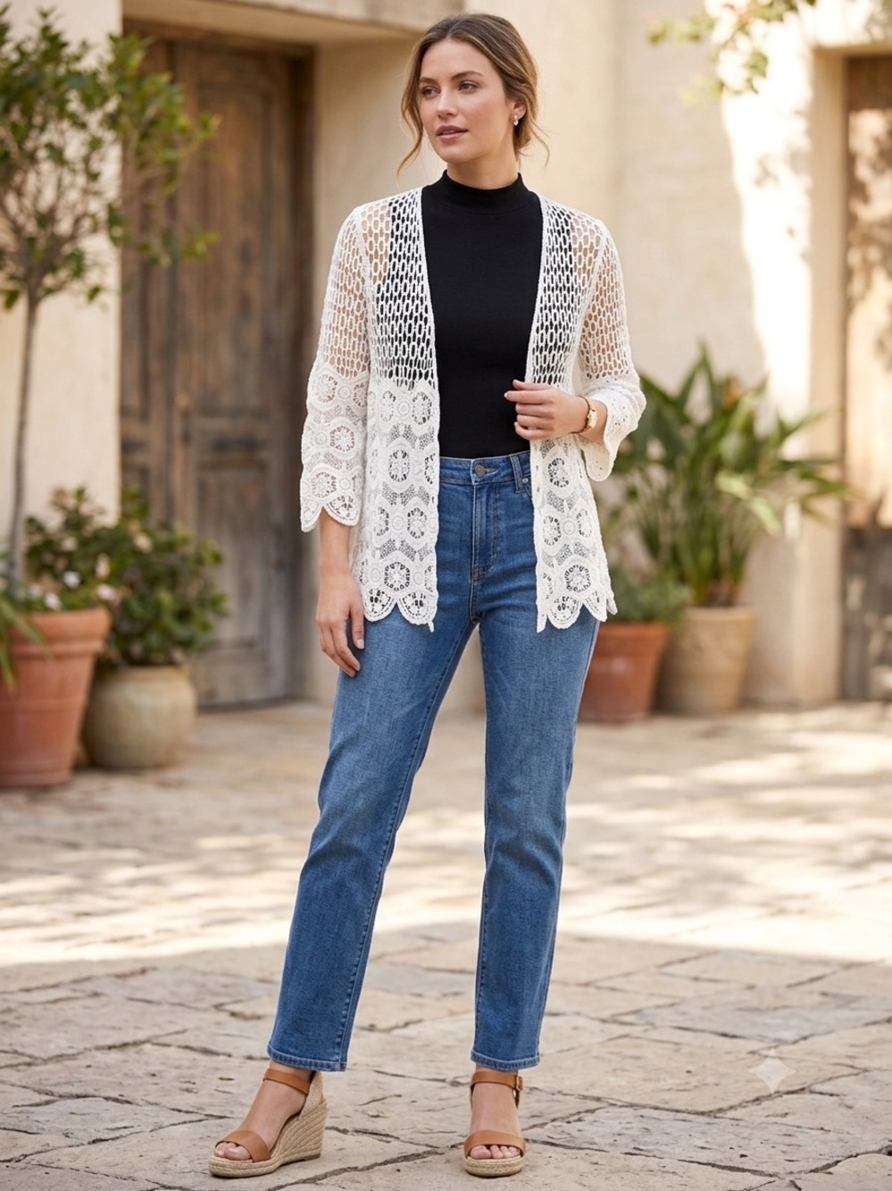 Women's White Crochet Open-Front Cardigan Sweater